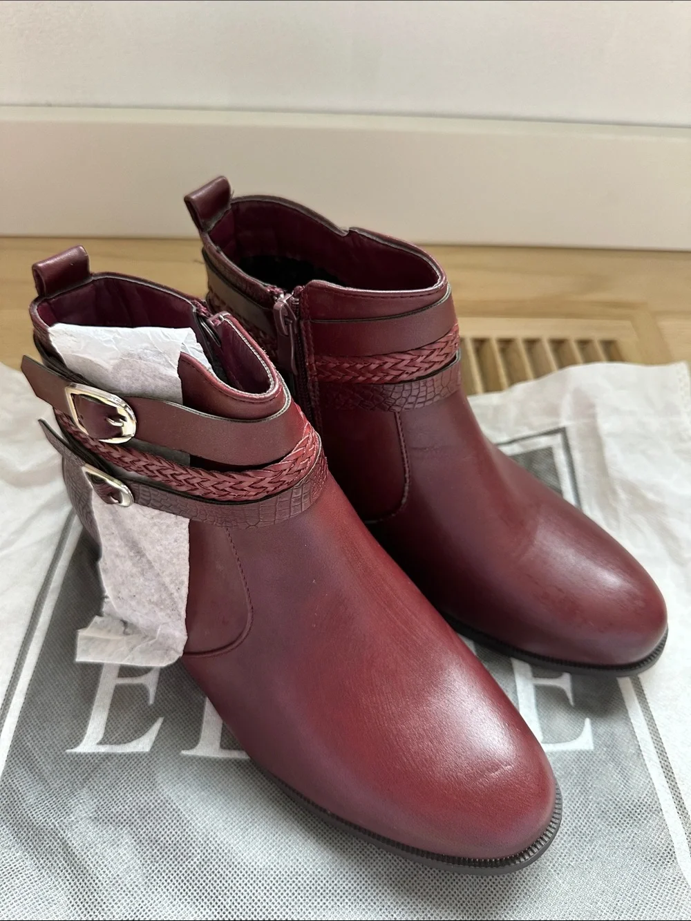 Women's Burgundy Ankle Boots with Braided Strap